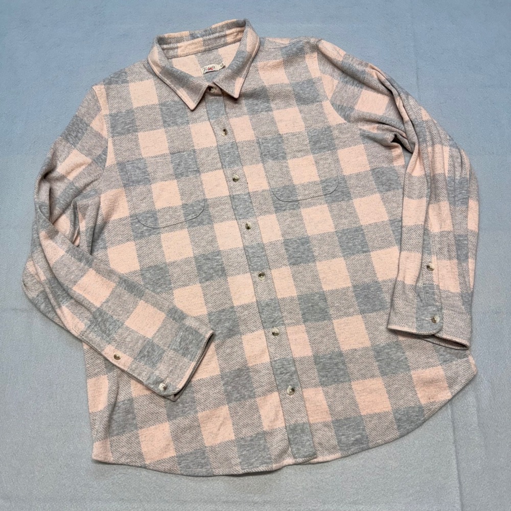 Faherty Women Legend Sweater Shirt XL Pink Grey Buffalo Plaid Knit Flannel
